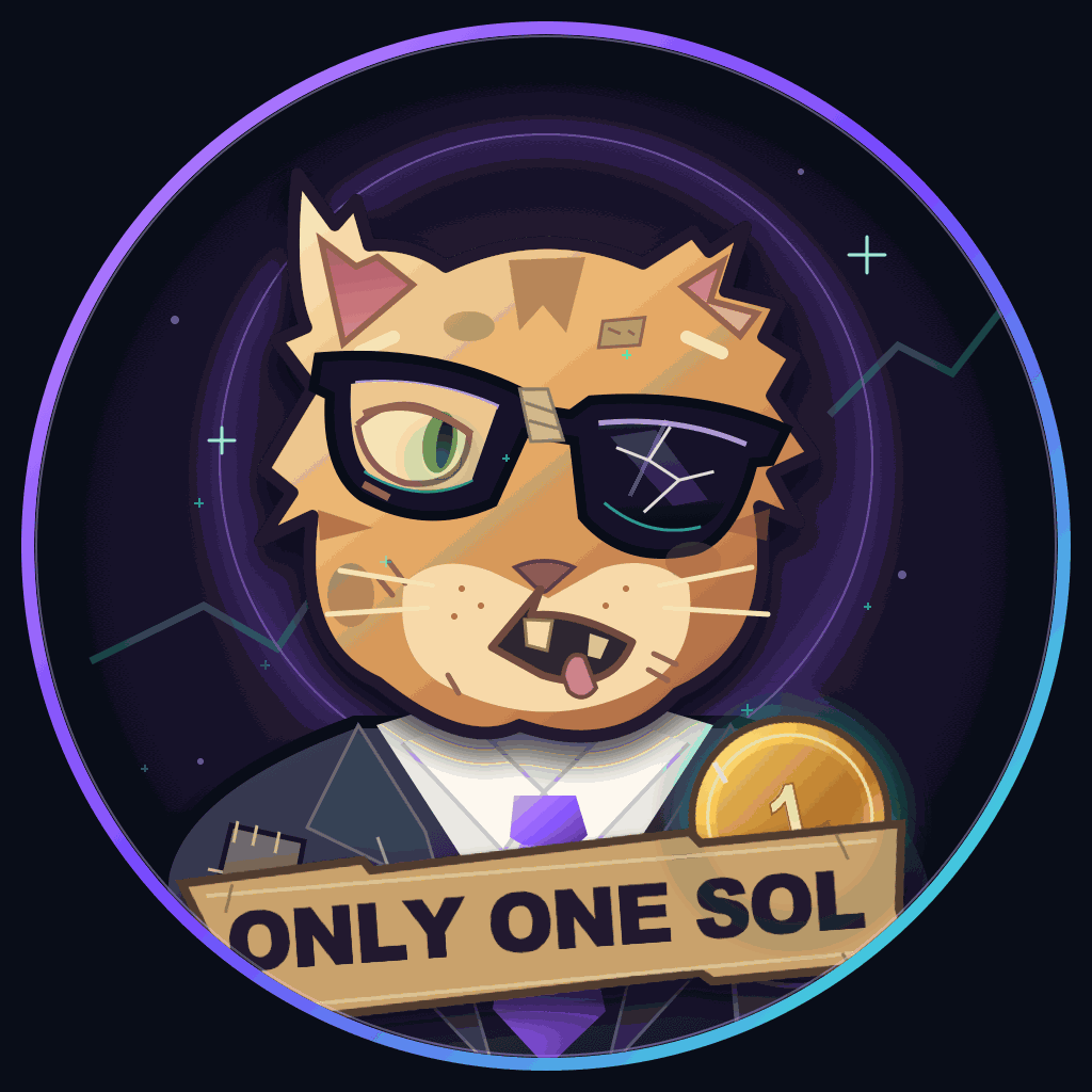 Анимированный потрёпанный кот с табличкой ONLY ONE SOL